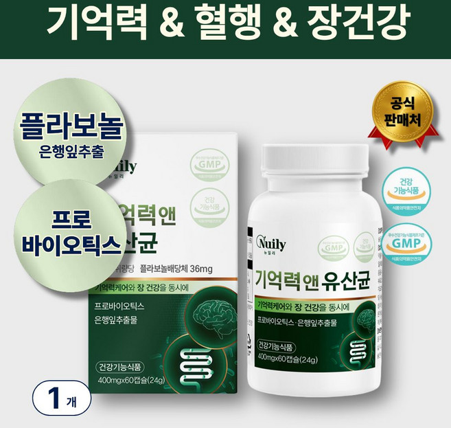뇌혈관 영양제 프로바이오틱스 뇌유산균 은행잎추출 플라보노이드 식약청인증, 1개, 60회분