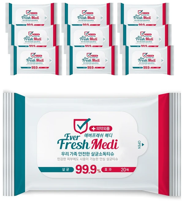 에버프레쉬메디 우리 가족 안심 살균 소독 티슈 휴대형, 10개, 20매입 - 쿠팡