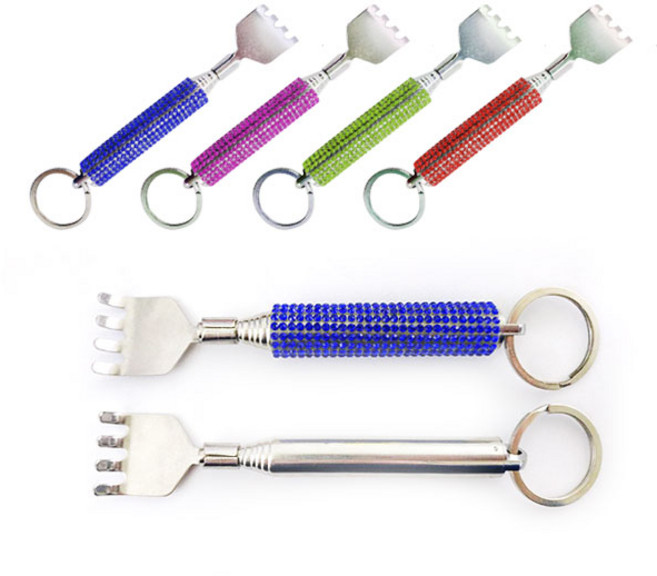 열쇠고리형 길이조절 안테나 효자손 4단 5단 휴대용 클립 고리 스테인레스 접이식 늘어나는 등긁개 등 긁기, 열쇠고리효자손 -큐빅-블루, 1개