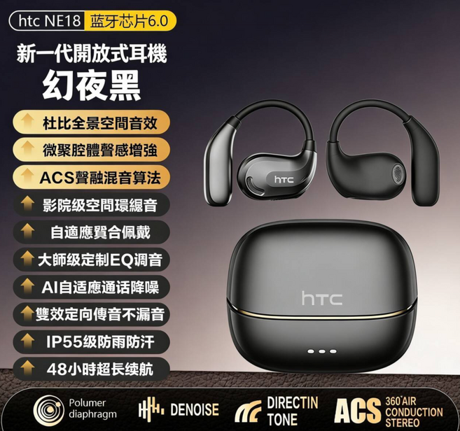 hTC NE18 無線藍牙耳機 杜比全景空間音效 48小時超長續航, 黑色, HTC NE21 無線藍牙耳機掛耳式戶外運動降噪音樂遊戯長續航