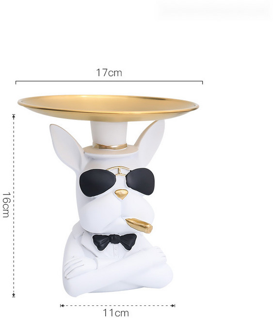 Sunnye 크리에이티브 럭셔리 노르딕 파이터 도어 키 수납 장식 거실 핸드메이드 동물 트레이 장식품, 화이트 불독-트레이