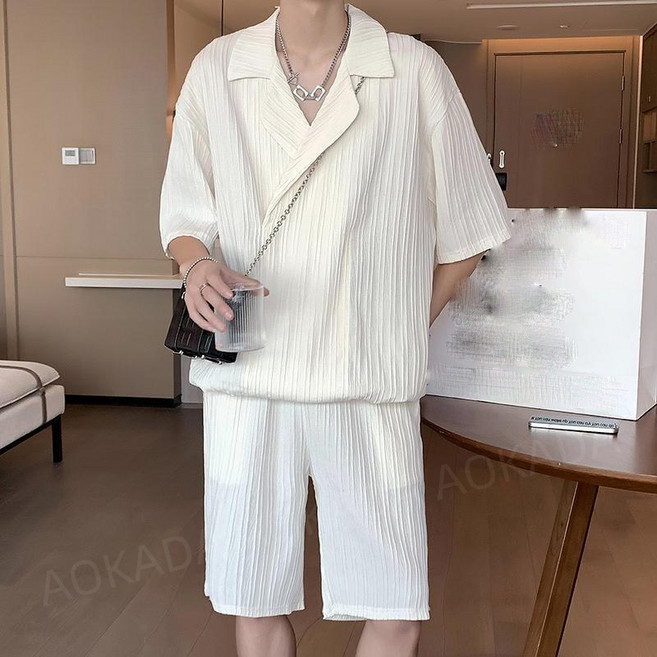 AOKADA 남성 여름 루즈핏 카라넥 플리츠 반팔 셔츠 반바지 캐주얼 트렌디 투피스 세트