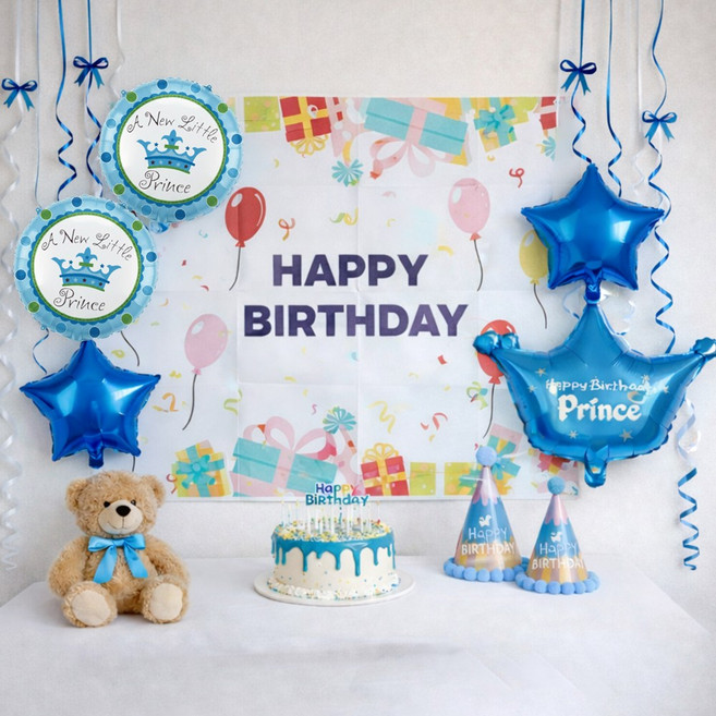 아이스타 생일파티 7종풀세트 (감성현수막. 고깔모자. 풍선5종), 1세트, 블루