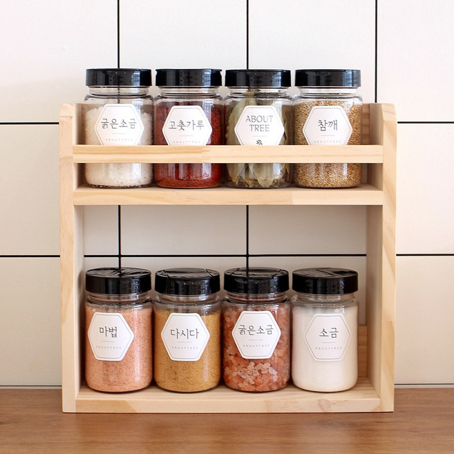 어바웃트리 감성라벨 양념통 2단 세트 (플라스틱마개), 1세트, A8) PET 200ml 8P+원목선반+라벨지
