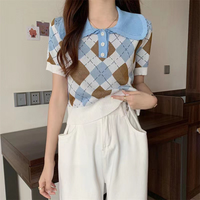 국경을 넘나 드는 동남아시아 옷깃 마름모꼴 짧은 짧은 반팔 니트웨어 여성 여름 달콤한 귀여운 슬림 여성 자켓