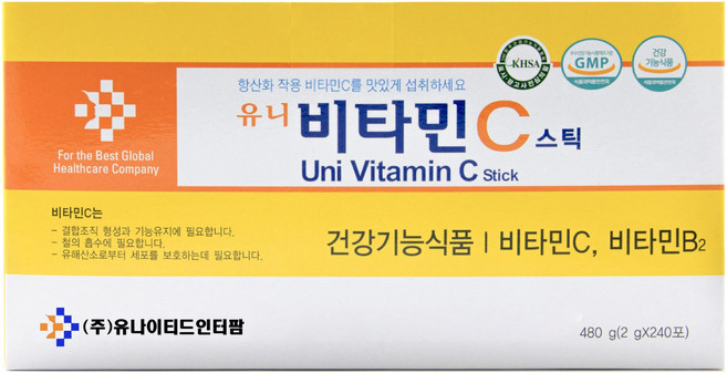 유니 비타민C 스틱 240포 맛있고 먹기 편한 분말형 온가족 비타민, 240개, 2g
