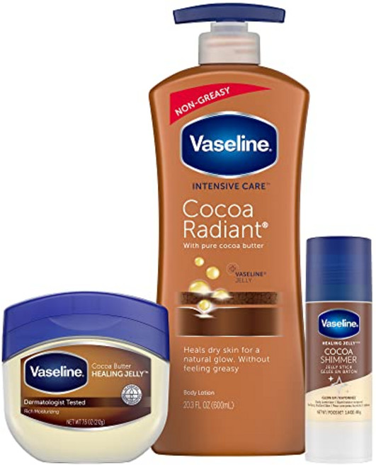 Vaseline Intensive Care Cocoa Radiant 3-Piece Bundle - 보습 로션(20.3oz) 힐링 젤리(7.5oz) 민감하고 건조한 피부를 위한 쉬머 스틱(1.4oz)