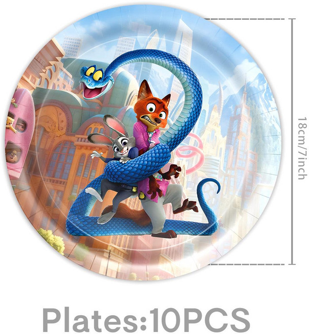 주토피아 생일파티 파티용품 캐릭터 여우 동물 생일 장식 주디 피규어 토끼, 1개, 7인치 종이 접시 10개
