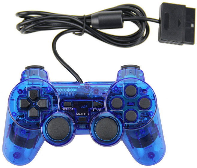 PS2 雙震 有線遊戲手柄, 透明藍, 1個, 如圖