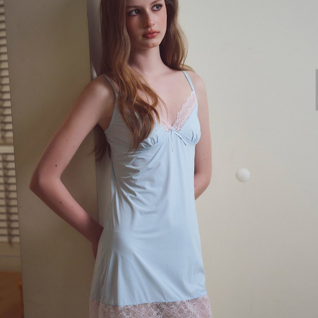 섹시쿠키 러블리 폴리 솔리드 슬립 레이스 슬립원피스 라이트블루