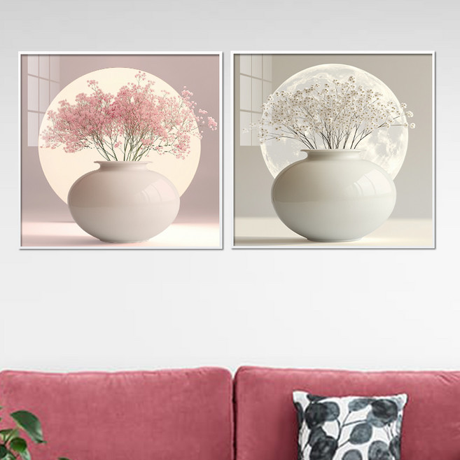 아트블루 달항아리 그림 돈들어오는 항아리 액자 풍수지리 현관 액자복달항아리 거실 풍수인테리어, 1번 분홍안개꽃 + 2번 흰안개꽃(2개세트), 화이트