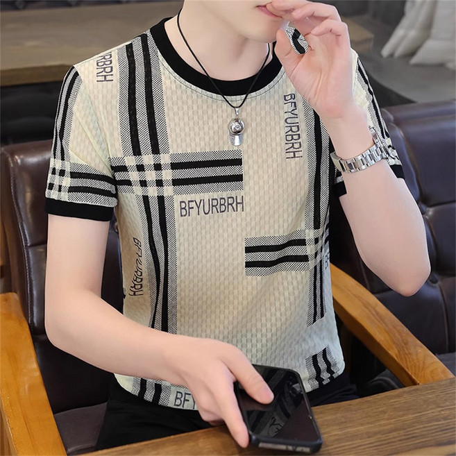 남자 니트 반팔티 여름 라운드넥 쿨 티셔츠 슬림 통기성 데일리 AJ99