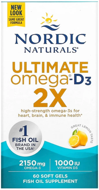 Nordic Naturals 비타민D3 함유 Ultimate Omega 2X 레몬 맛 소프트젤 60정, NordicNaturals비타민D3함유UltimateO, 1개 - 쿠팡