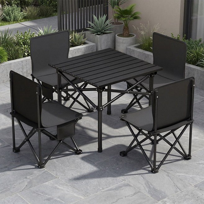 1+4 초경량 캠핑용품 접이식 캠핑의자 야외테이블세트, 블랙