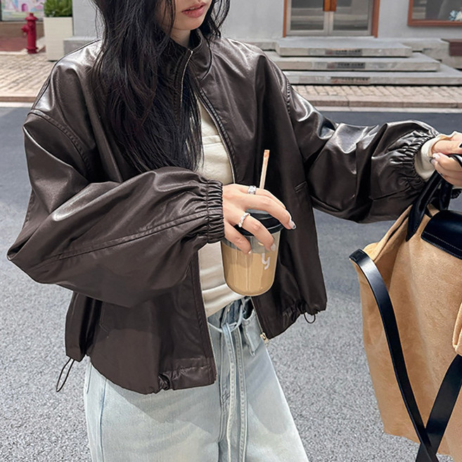 네모엔룩 하이넥레더 여성용 밑단 스트링 집업 블루종 페이크레더 레자 시보리 인조 가죽 라이더 자켓