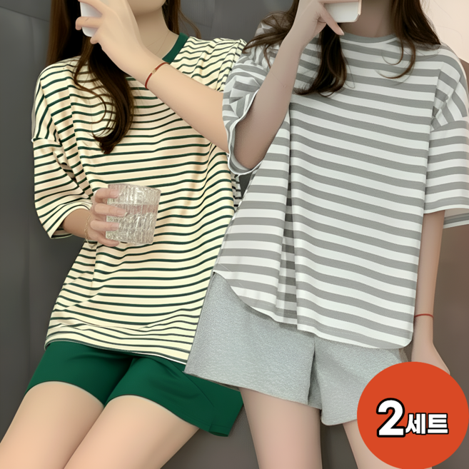 1+1(2세트) 캡내장 반팔 4종 심플 잠옷 파자마 상하세트 홈웨어 여성 잠옷 마켓엘리