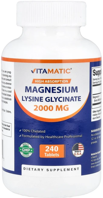 Vitamatic 바이타매틱 마그네슘 라이신 글리시네이트 1000mg 240 태블릿 건강관리 영양제, Vitamatic 바이타매틱 마그네슘 라이신 글리시네이, 1개, 240정 - 쿠팡