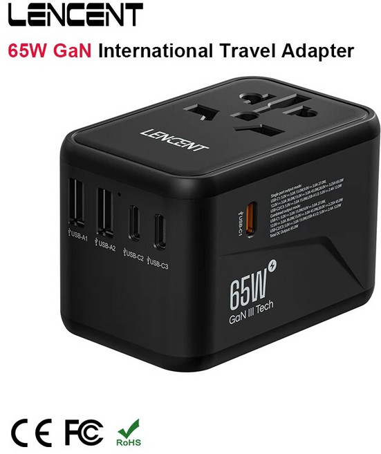 LENCENT GaN 고속 충전 어댑터 여행용 어댑터 유럽 호주 미국 영국 플러그 2USB 3 타입 C 65W 100W, 1개