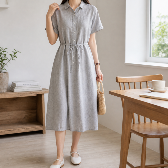 린넨 셔츠 원피스 봄 여름 캐주얼 데일리 반팔 코디