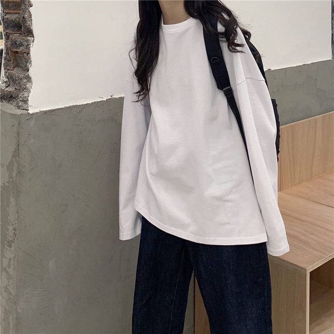 여성 루즈핏 오버사이즈 옆트임 긴팔티 라운드넥 데일리 티셔츠