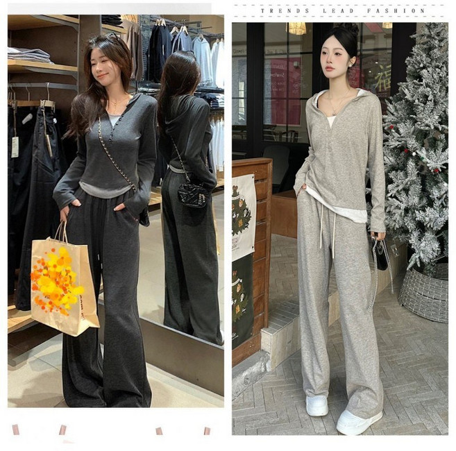 BLACK K7 여성용 배색 상하의세트 캐주얼 후드티 와이드팬츠 투피스