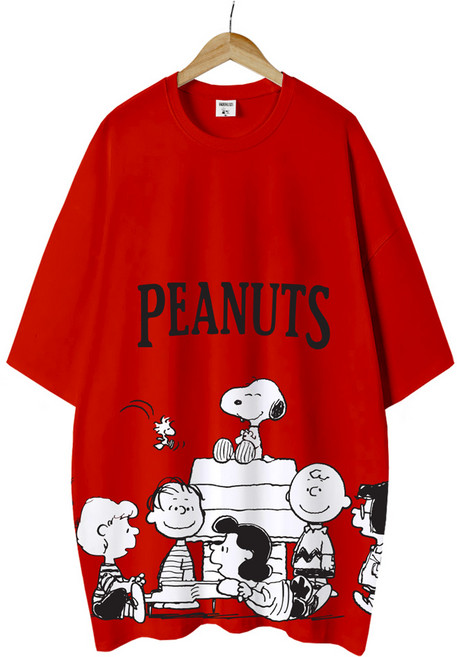 엠제이스타 피너츠 여성 우리들세상 반팔 루즈핏 롱 프린팅 캐릭터 티셔츠 오버핏 반팔티