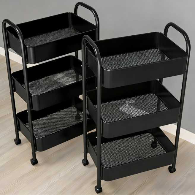 원풍룽 이동식 튼튼한 트롤리 다용도 수납 선반, 블랙, 3단