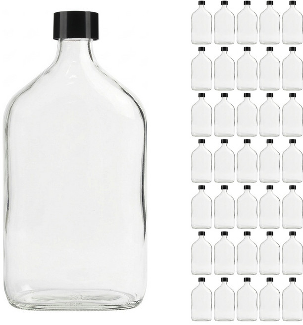 공병상회 납작병 유리병 1박스 + 원형캡/블랙, 36개, 500ml