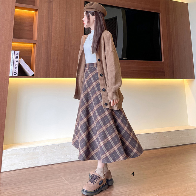 【復古美拉德】半身裙 中長裙 高腰裙 格子裙 鬆緊裙 百搭裙 秋冬款 大碼長裙 通勤約會穿搭 顯瘦A字版型