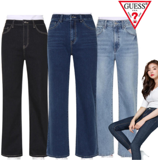2025new 게스 여성 세미 와이드 핏 청바지 지금 입기좋은 날씬해보이는 예쁜 다리가 길어보이는 바지 여자 일자 통 청바지 부츠컷 데님 팬츠 블루햇님 1회용 손소독제 증정