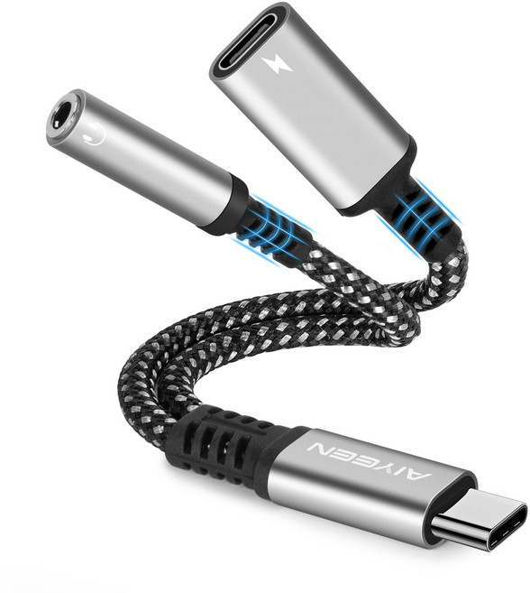 USB C 2in1 헤드폰 및 충전 어댑터 3.5mm USB C PD 3.0 고속충전 포트 60W 오디오 보조잭+60W 고속충전 구글/삼성 호환형, 그레이, 1개