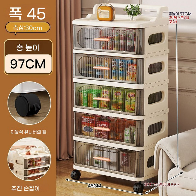 ANYOU 이동식 플라스틱 서랍장 크림톤 인테리어 다용도 수납장, 5단, 투명 그레이
