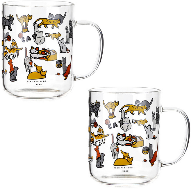 고양이 글라스 손잡이 내열유리컵, 2개, 투명