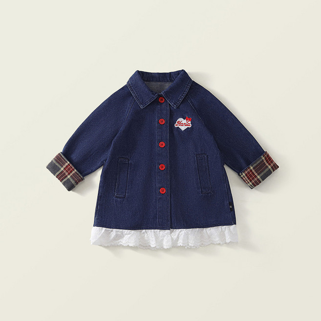 델루비오 여아 아동 봄 자켓 레이스 프릴 청자켓 하트 자수 체크 배색 외투