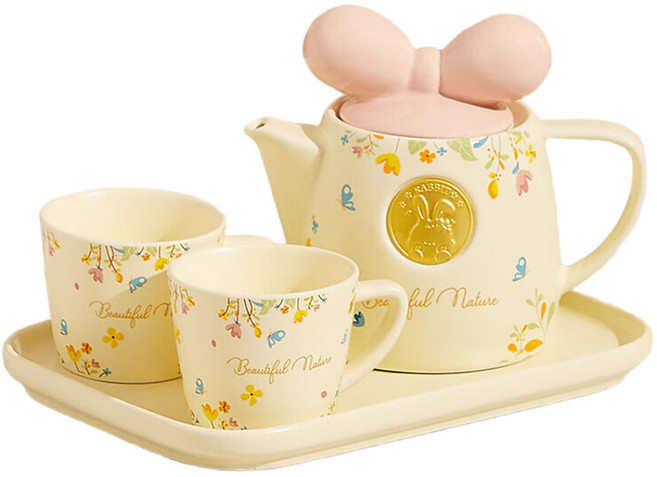 Qiaokao 리본 앤 플라워 팟츠 티 포 원 다기 세트, 옐로+핑크, 찻주전자+찻잔2개입+트레이, 1세트