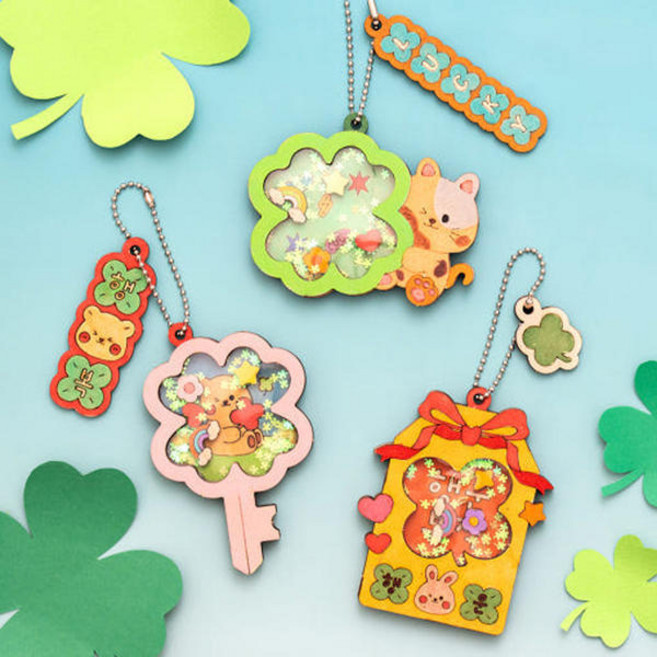 민화샵 MDF 네잎 클로버 쉐이커 키링 만들기 열쇠고리 팬던트 키트, 고양이