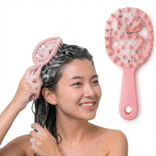 두피 마사지 샴푸 브러쉬 빗형 실리콘 헤어케어 각질 제거 브러시, 1개, 핑크