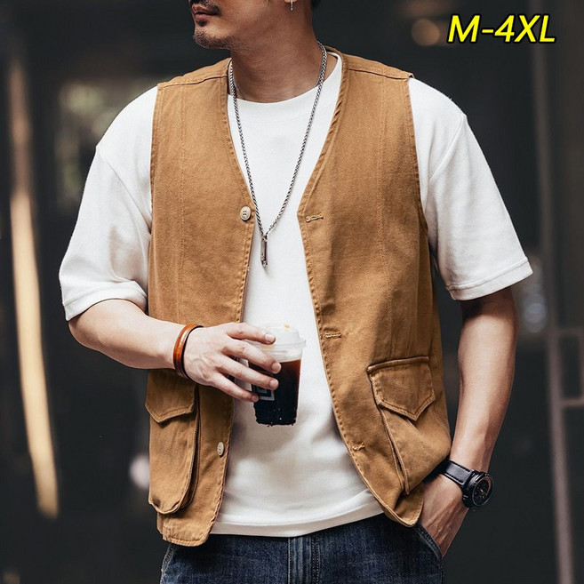WEIHAN 남성용 봄가을 카고핏 데님 베스트 루즈핏 남자 조끼 민소매 남자조끼