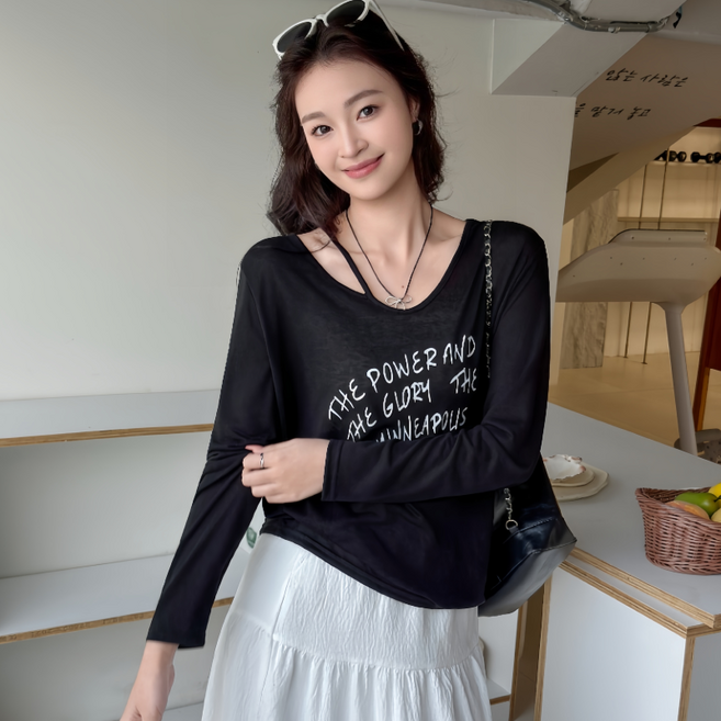 무니유유 텐셀원단 홀터넥 오버핏 냉감 아이스 쿨 시스루 긴팔 티셔츠