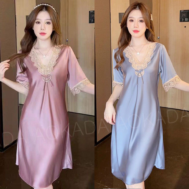 AOKADA1+1 여성 아이스 실크 반팔 잠옷 원피스 레이스 브이넥 미디 홈웨어