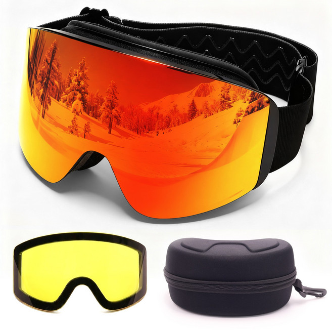 [1+1] 자석식 스키 고글 교체형 렌즈 야간용 옐로우 렌즈 포함 대형 시야 스노우보드 고글 보관 케이스 증정, 빨간색, 1개