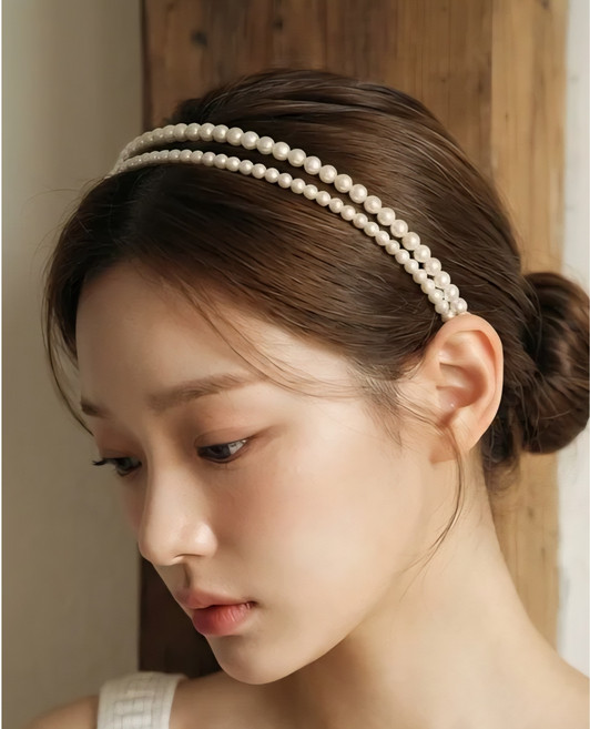두줄 진주 헤어밴드 동안 코디 데일리 머리띠