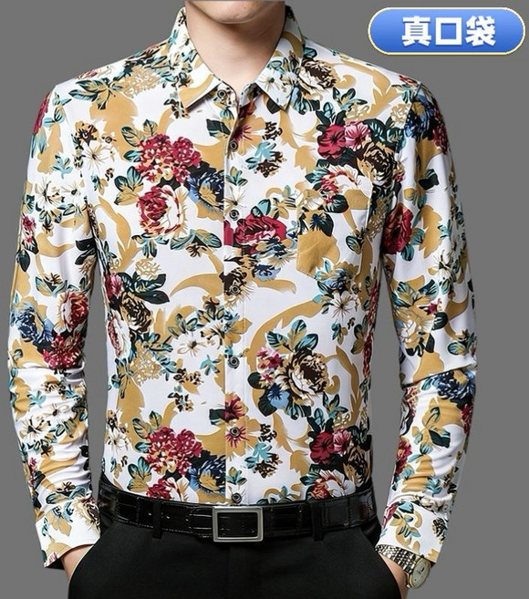 男士長袖花襯衫 時尚滿印花 修身免燙, 1個, 滿印花花襯衫白170/88A 110-130斤