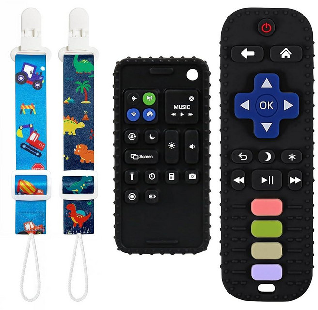 Kpblis 아기 치발기 장난감 리모컨 모양 치발기 장난감 2개 및 휴대폰 모양 치발기 6-12개월 아기를 위한 실리콘 치발기 조기 교육용 감각 장난감 - 블랙 블랙, Kpblis 아기 치발기 장난감, 리모컨 모양 치발기
