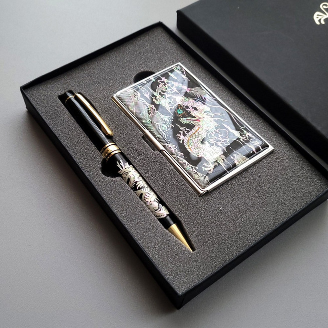 나전칠기 자개볼펜+명함케이스 외국인 선물세트 한국기념품, 용, 1.월학, (O)선물포장추가