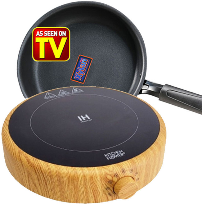 TV 라이브 홈쇼핑방송중 (유선) 키친플라워 1구 우드 원형 인덕션 + 프라이팬 증정