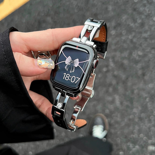 올해브 패션 가죽 애플워치 스트랩 밴드, 1개, 블랙