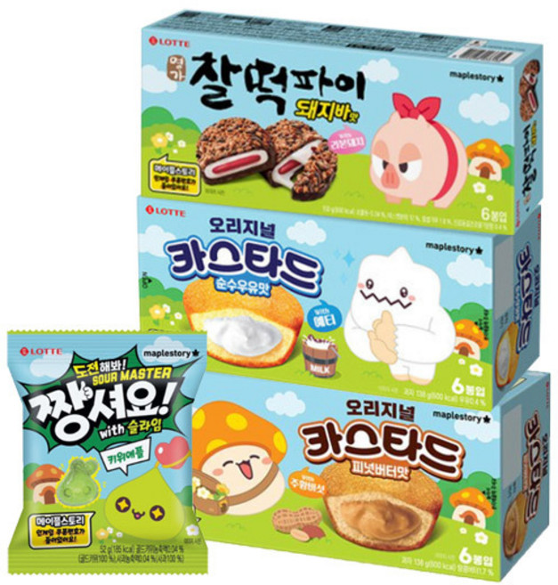 (롯데신상메이플스토리) 명가찰떡돼지바 150g+카스타드순우유맛138g+피넛버터맛138g+짱셔요키위애플52g, 1세트, 각1개(총4개)