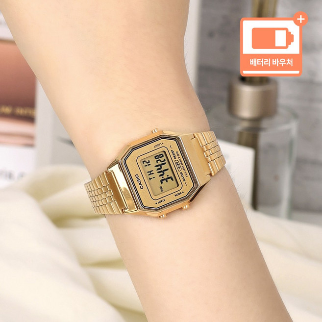 카시오 캐쥬얼 방수 스퀘어 여성 디지털 메탈 패션시계 + 배터리 바우처