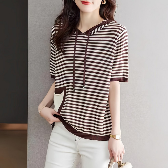WANGBAIWAN 여성 후드 스트라이프 얇은 맨투맨 캐주얼 편안하고 부드러움 반팔 니트 티셔츠 S50309